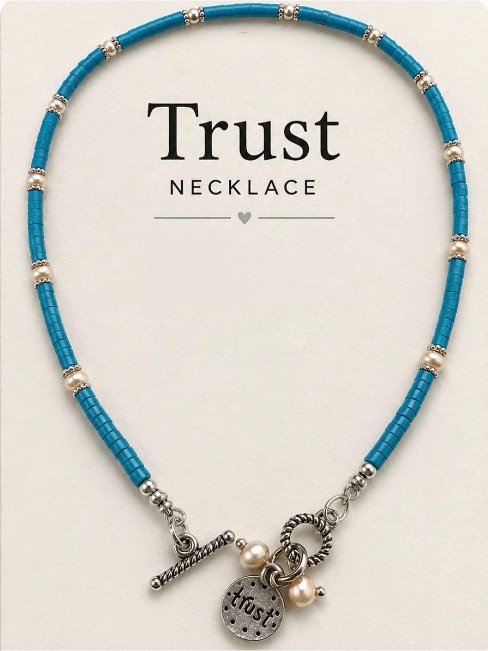 Token Charm Trust Turquoise Heishi & Freshwater Pearl Necklace Handmade